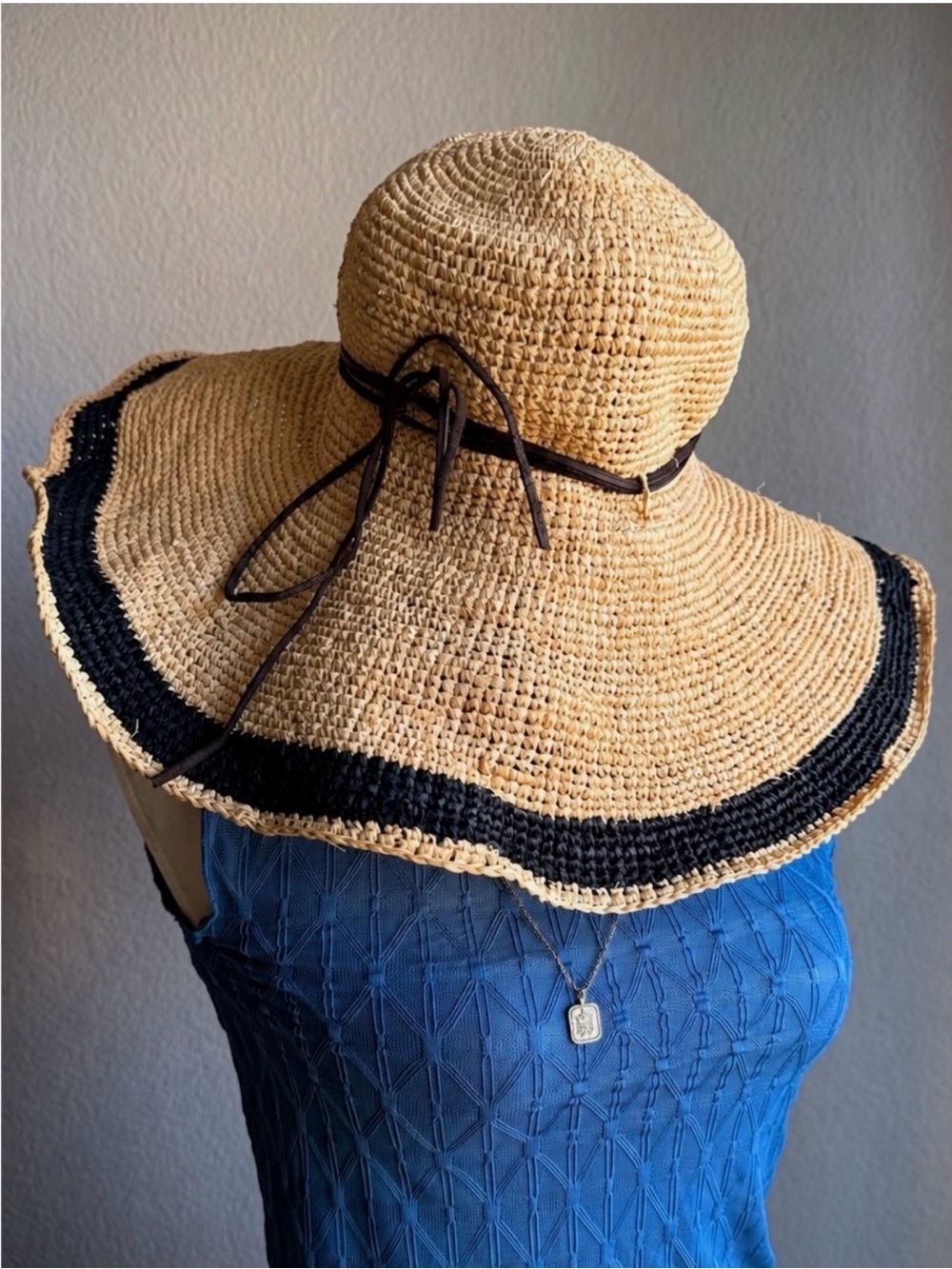 Mar Y Sol Handmade Raffia Wide Brim Floppy Sun Hat Natural Black